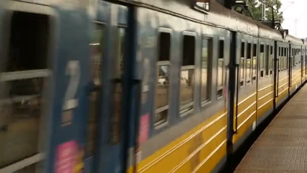 Городской поезд прибывает на станцию и останавливается, двери открываются, общественный транспорт — стоковое видео