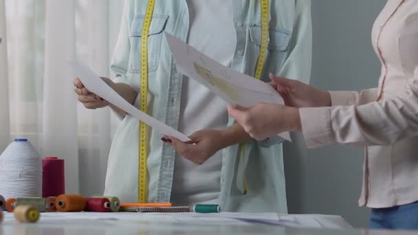 Dos diseñadoras discutiendo los bocetos, muestran colección de telas, startup — Vídeo de stock