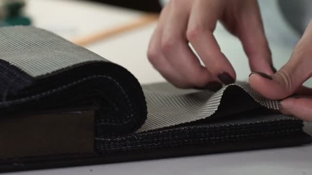 Les mains du client choisissent le tissu pour les couvertures de meubles dans la boutique, costume textile — Video