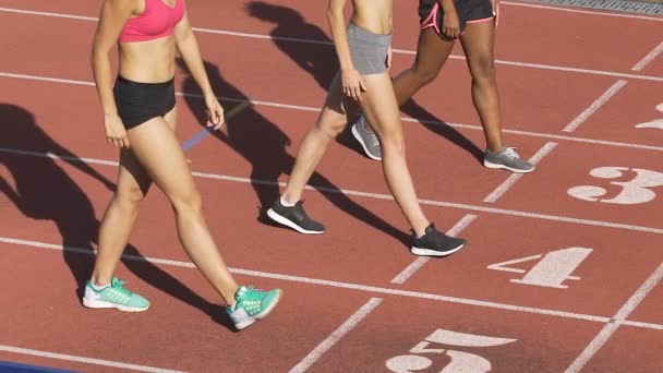 Atletas seguros de sí mismos llegando a la línea de partida para mostrar quién es el mejor corredor — Vídeo de stock