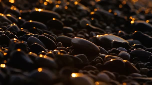 Strandsteine mit Meerwasser bedeckt am Ufer bei Sonnenuntergang, Blick auf die friedliche Natur — Stockvideo