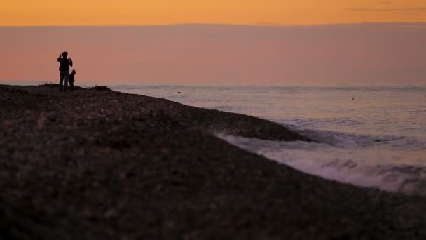 Anne ve çocuk manzarayı huzurlu deniz, gün batımında sahilde yürüyüş — Stok video