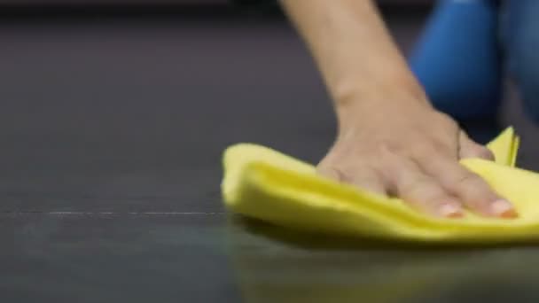 Mucama eliminación de manchas del suelo laminado con la ayuda de productos de limpieza especiales — Vídeo de stock