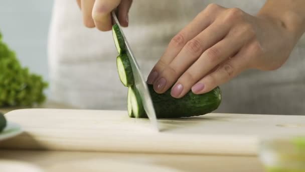 Женщина нарезает свежий огурец, готовит здоровый салат для семейного ужина, крупным планом — стоковое видео