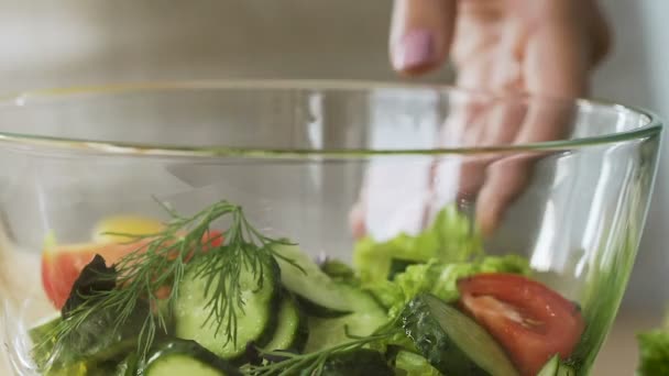 Feminino adicionando suco de limão à salada vitaminizada vegetal, tempero refeição fresca — Vídeo de Stock