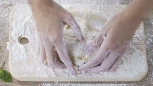 Panificio operaia diligentemente impastare pasta prima di fare porzione di pane — Video Stock