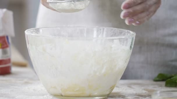 Hostess suavemente peneirando farinha através da peneira em tigela grande, confecção de doces — Vídeo de Stock