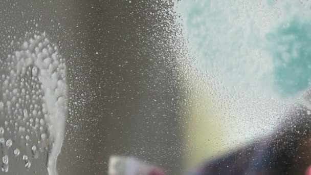 Donna spruzzando liquido detergente per rendere gli occhiali trasparenti e lucidi, igiene — Video Stock