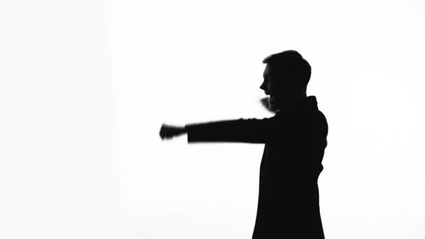 Silhouette of manager raising fists up, successful business plan, good bargain — Stock Video