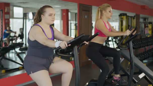 Vicces elhízott hölgy, gyors lovagolva helyhez kötött kerékpár, fitness Club, motiváció — Stock videók