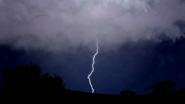 Contexte de nature dramatique, les boulons de feu électriques frappent des nuages au sol — Photo