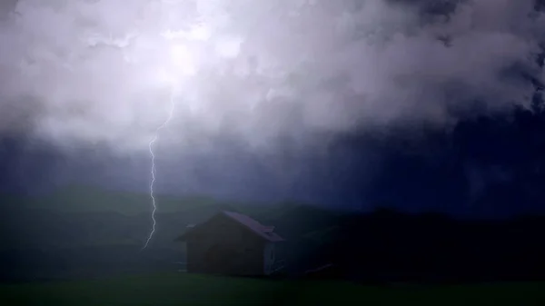 Enormes rayos golpean por encima de solitaria casa de campo en el valle, clima tormentoso —  Fotos de Stock