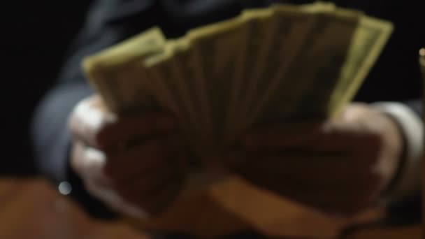 Corrupte zakenman tellen dollar bankbiljetten, financiële criminaliteit, verduistering — Stockvideo