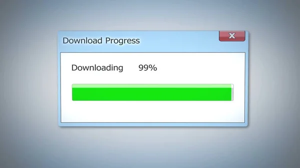 Download progress almost done, dialog box with green status bar, software update — Stock Photo, Image