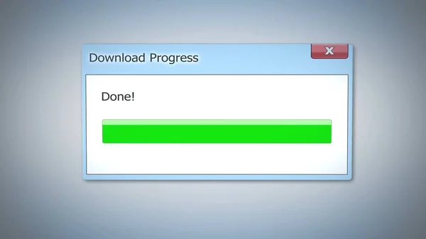 Download progress done, dialog box with green status bar, outdated software — Stock Photo, Image
