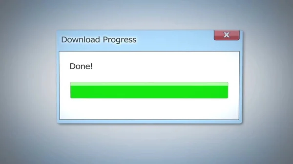 Descargar progreso hecho, cuadro de diálogo con barra de estado verde, software obsoleto —  Fotos de Stock