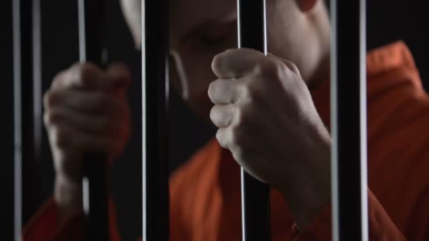 Odsouzený sériový vrah slouží doživotní trest hledět šílený, vězení — Stock video