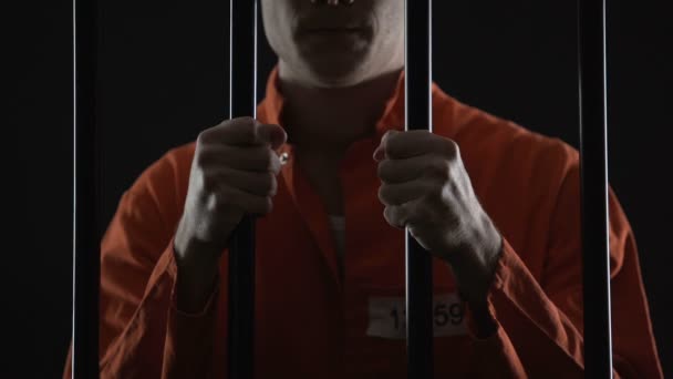 Thief in jail feeling sincere regret of crime, holding prison bars in desperate — Stock Video