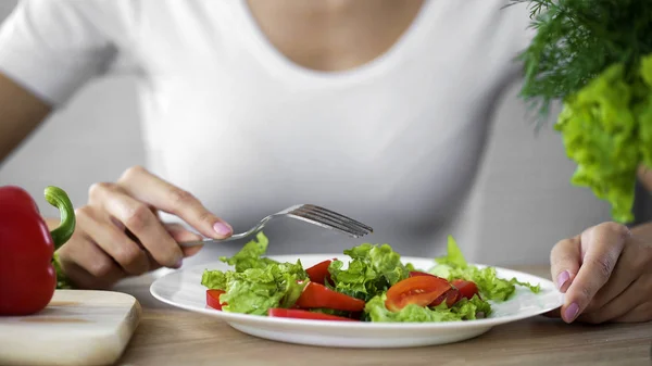 Женщина, сидящая за столом с салатной тарелкой, здоровое питание, энергетическая поддержка — стоковое фото