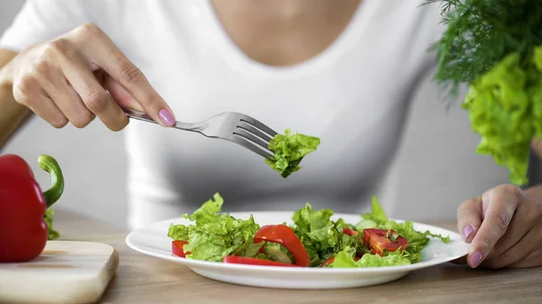 Домохозяйка берет зеленый салат салат из белой тарелки на кухне, свежие продукты — стоковое фото