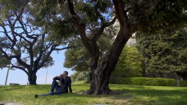 Çimenlerin üzerinde oturan ve smartphone, gevşeme Park konuşurken işadamı