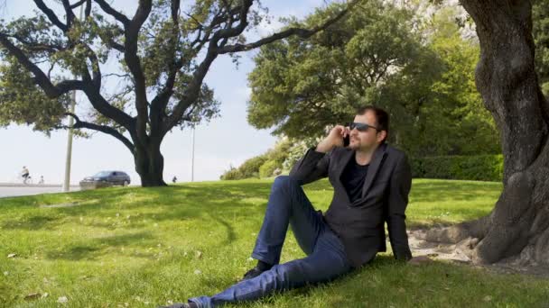 Blij zakenman praten over smartphone in park, zittend op het gras in de buurt van boom — Stockvideo