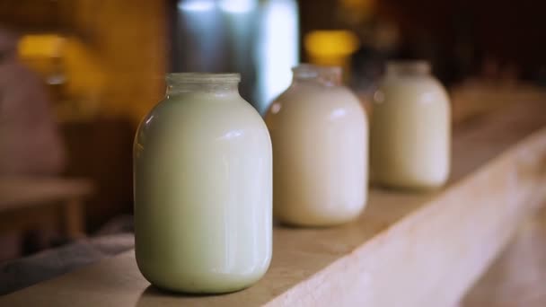 Venta de leche doméstica, producción casera de crema agria, alimentos orgánicos saludables — Vídeos de Stock