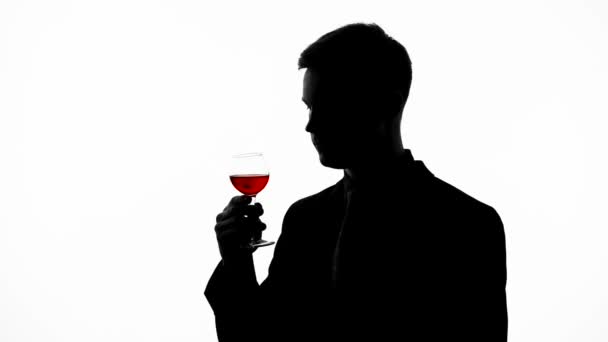Досвідчений силует чоловічої статі п'є старе червоне вино, насолоджуючись букетом — стокове відео