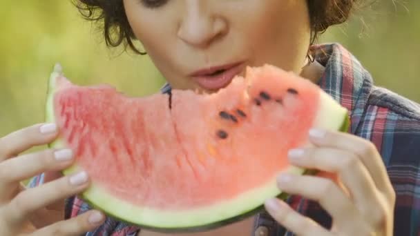 若い女性の夏のピクニックのジューシーなスイカを食べると笑みを浮かべて、ビタミン — ストック動画