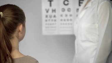 Harfleri göz doktoruna sırasında ziyaret, görme sorunları okumaya çalışan kız