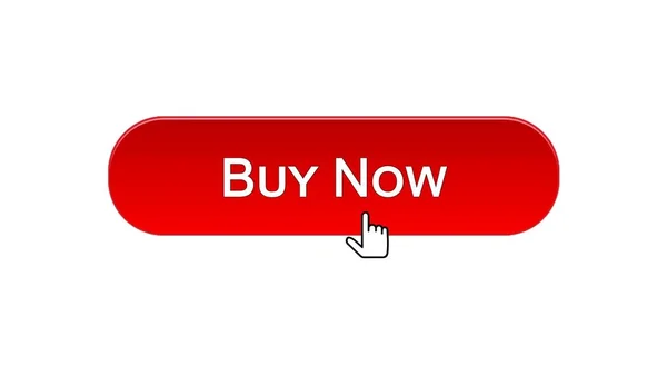 Koop nu de web interface knop klikte met de muiscursor, rode kleur, credit — Stockfoto