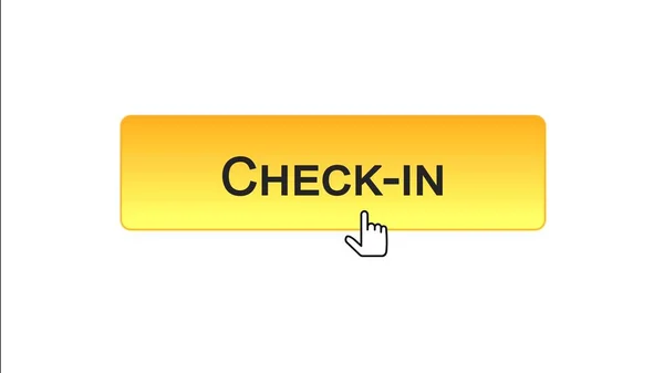 Check-in pulsante interfaccia web cliccato con il cursore del mouse, colore arancione, aeroporto — Foto Stock