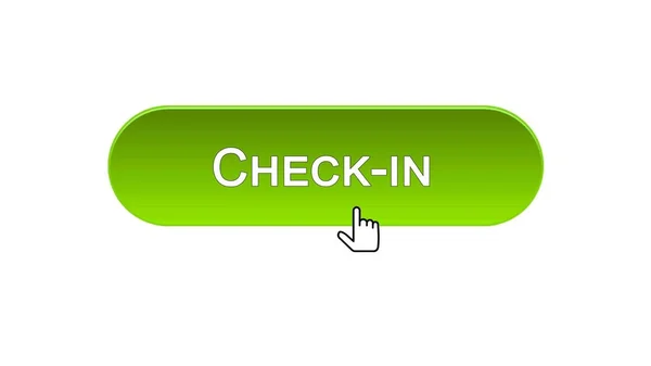 マウス カーソル、緑の色、空港でクリックしてチェックイン web インターフェイス ボタン — ストック写真