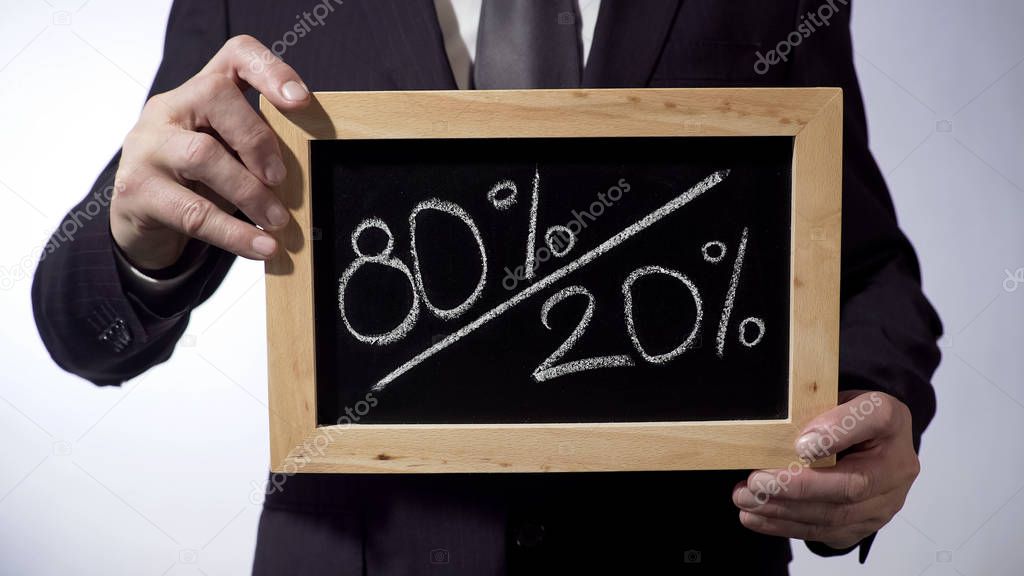 80 to 20 percent written on blackboard, man holding sign, Pareto principle