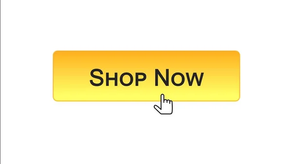 Compre ahora botón de interfaz web hace clic con el cursor del ratón, color naranja, en línea —  Fotos de Stock