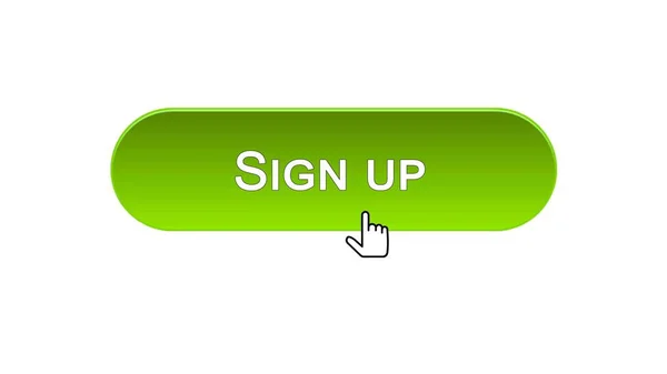 Подпишите вверх веб интерфейс кнопку нажали с курсором мыши, зеленый цвет, онлайн — стоковое фото