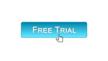 Ücretsiz deneme web arabirimi düğmesini tıklayan fare imleci, mavi renk, yazılım