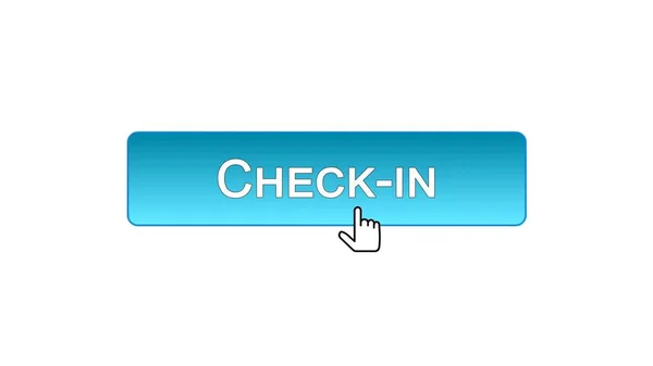Checka in web interface knapp klickade med musen, blå färg, flygplats — Stockfoto