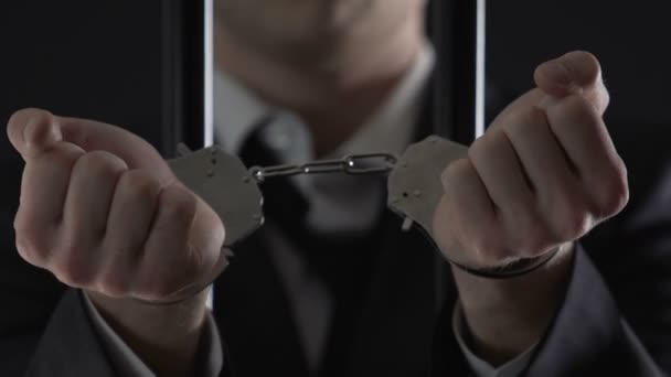 Gearresteerd zakenman in gevangeniscel weergegeven: handboeien close-up, financiële fraude — Stockvideo