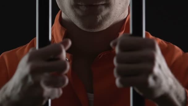 Assassino em série cruel a segurar grades de cela, mãos de prisioneiro a fechar, violação da lei — Vídeo de Stock