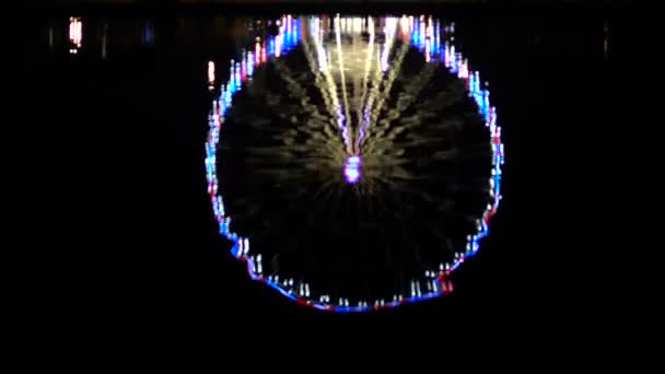 Ruota panoramica illuminata da luci notturne che riflettono sull'acqua, intrattenimento — Video Stock