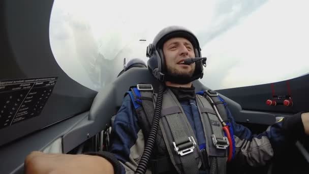 Impressed face male passenger sitting in jet plane flying over filed, aviation — Stock Video