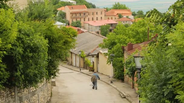 Ο άνθρωπος με τις τσάντες αργά πηγαίνει κάτω κατά μήκος του στενό πράσινο δρόμο του Signagi, γεωργία — Αρχείο Βίντεο