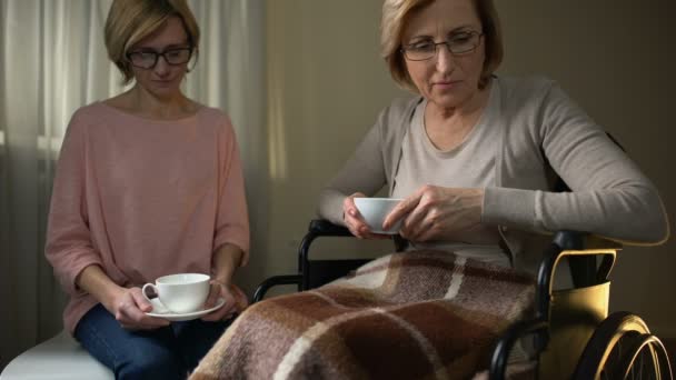Madre e figlia in sedia a rotelle sedute insieme nella casa di cura, visita di supporto — Video Stock