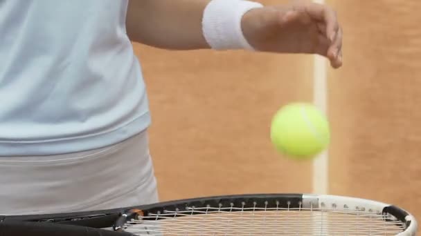 スポーツウーマン打撃ボールをプロのテニス用品を使用してクローズ アップ — ストック動画
