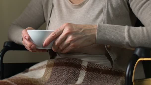 Mujer madura sentada cerca de la ventana en silla de ruedas bebiendo té caliente, acogedor en casa — Vídeos de Stock