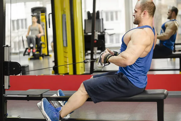 Successful male athlete doing seated cable rows, strong man training in the gym — Stock Photo, Image
