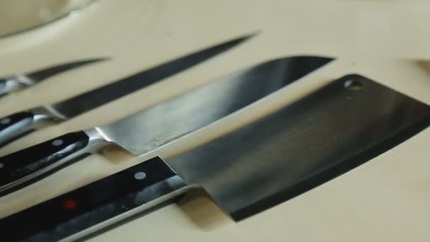 Chef knives set and delicious salad on plate cooking demonstration at restaurant — Stock Video