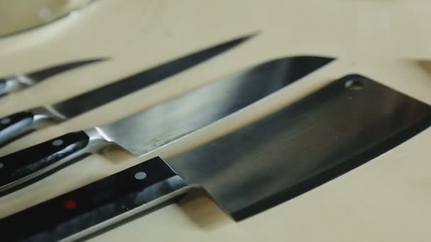 Juego de cuchillos de chef y deliciosa ensalada en plato demostración de cocina en el restaurante — Vídeos de Stock