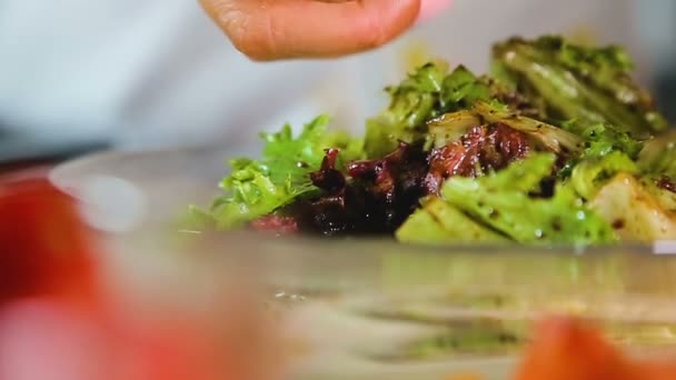 Frau legt Mozzarella-Stücke in grünen, gesunden Salat, hausgemachtes leckeres Abendessen — Stockvideo